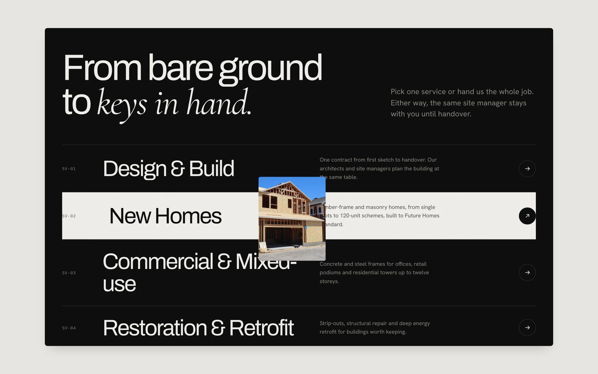Services list, “From bare ground to keys in hand”: Design & Build, New Homes, Commercial & Mixed-use, Restoration & Retrofit