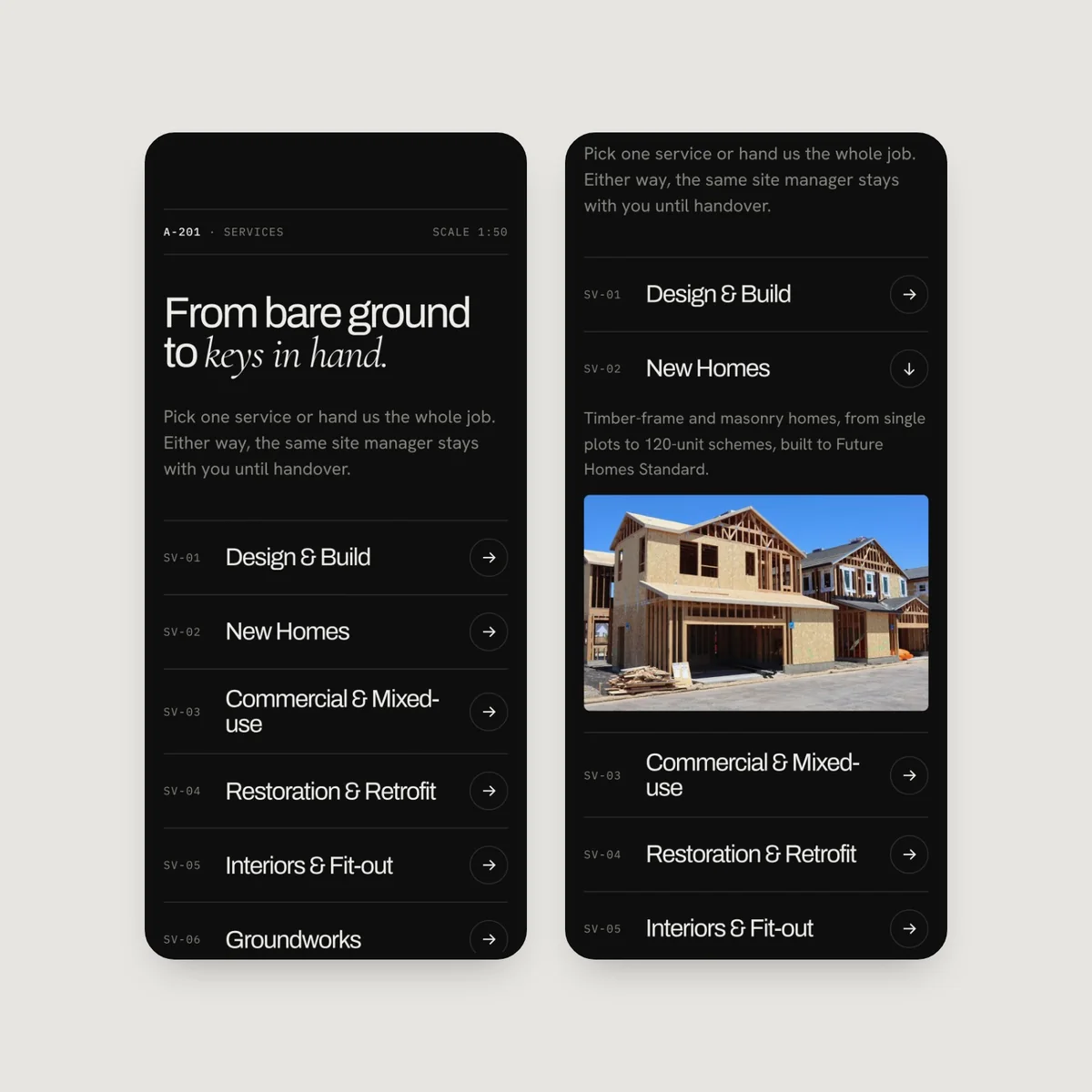 The services list on mobile, with one row expanded to show a site photo