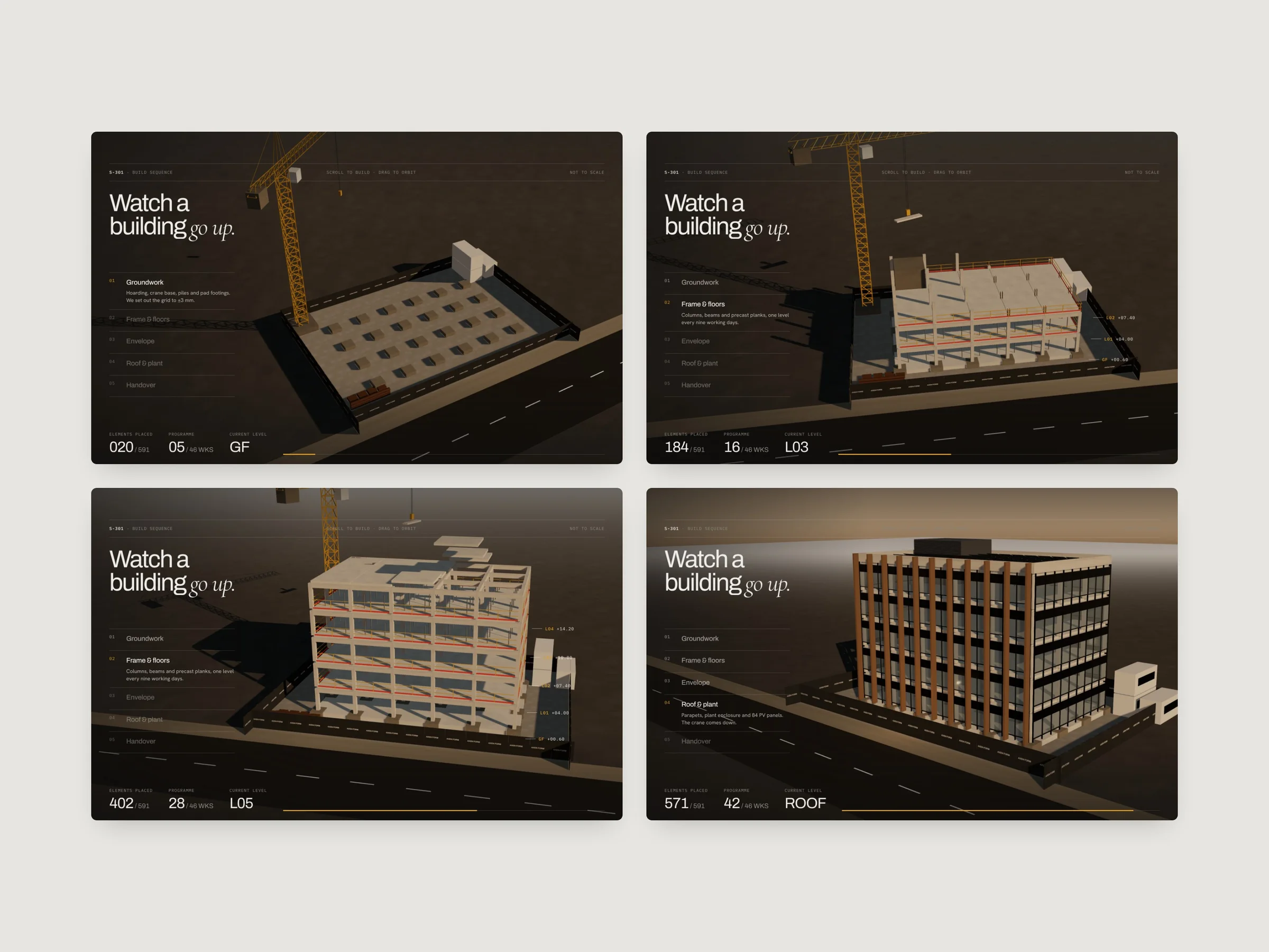 Build sequence: four stages of a 3D building going up, from groundwork to roof, each with a progress readout
