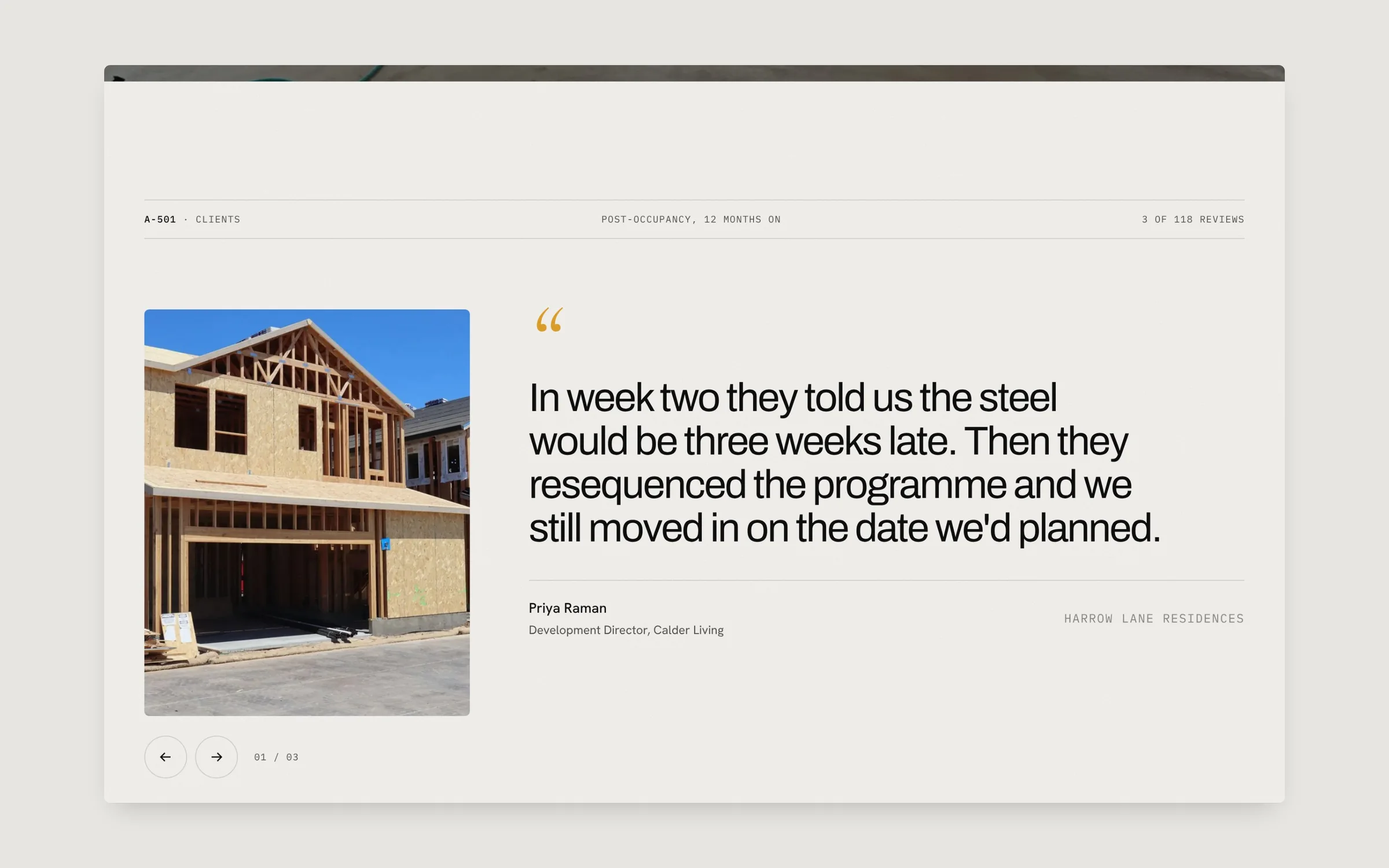 Client review section with a quote about moving in on the planned date