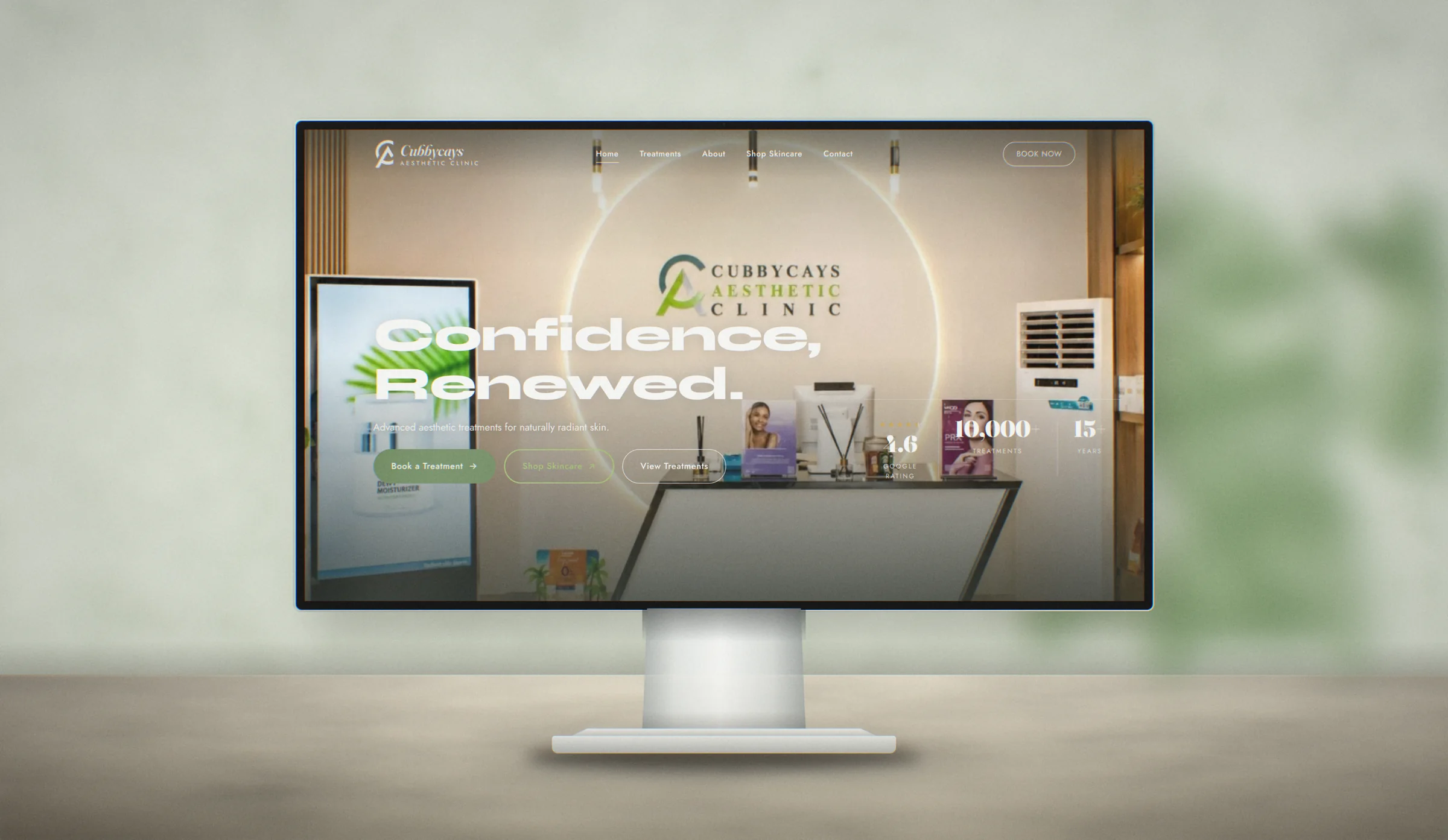 The Cubbycays Aesthetic Clinic website on a desktop monitor, with a hero reading Confidence, Renewed