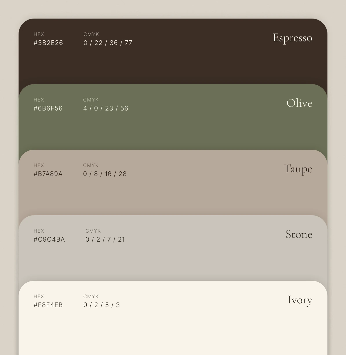 Colour palette: Espresso #3B2E26, Olive #6B6F56, Taupe #B7A89A, Stone #C9C4BA and Ivory #F8F4EB