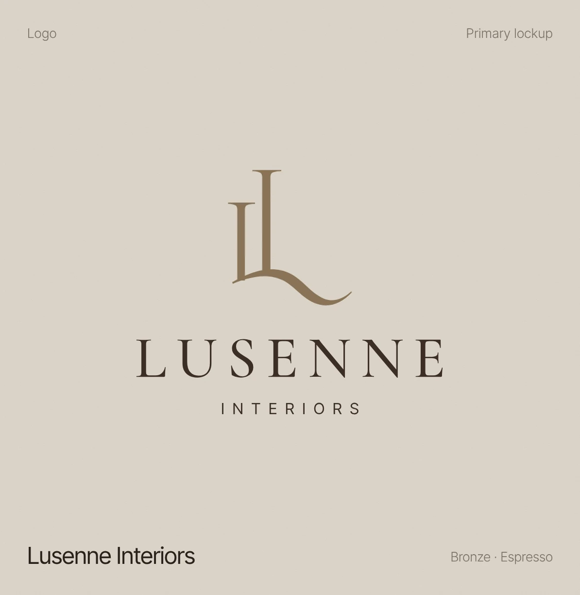 The Lusenne Interiors primary logo lockup in bronze and espresso