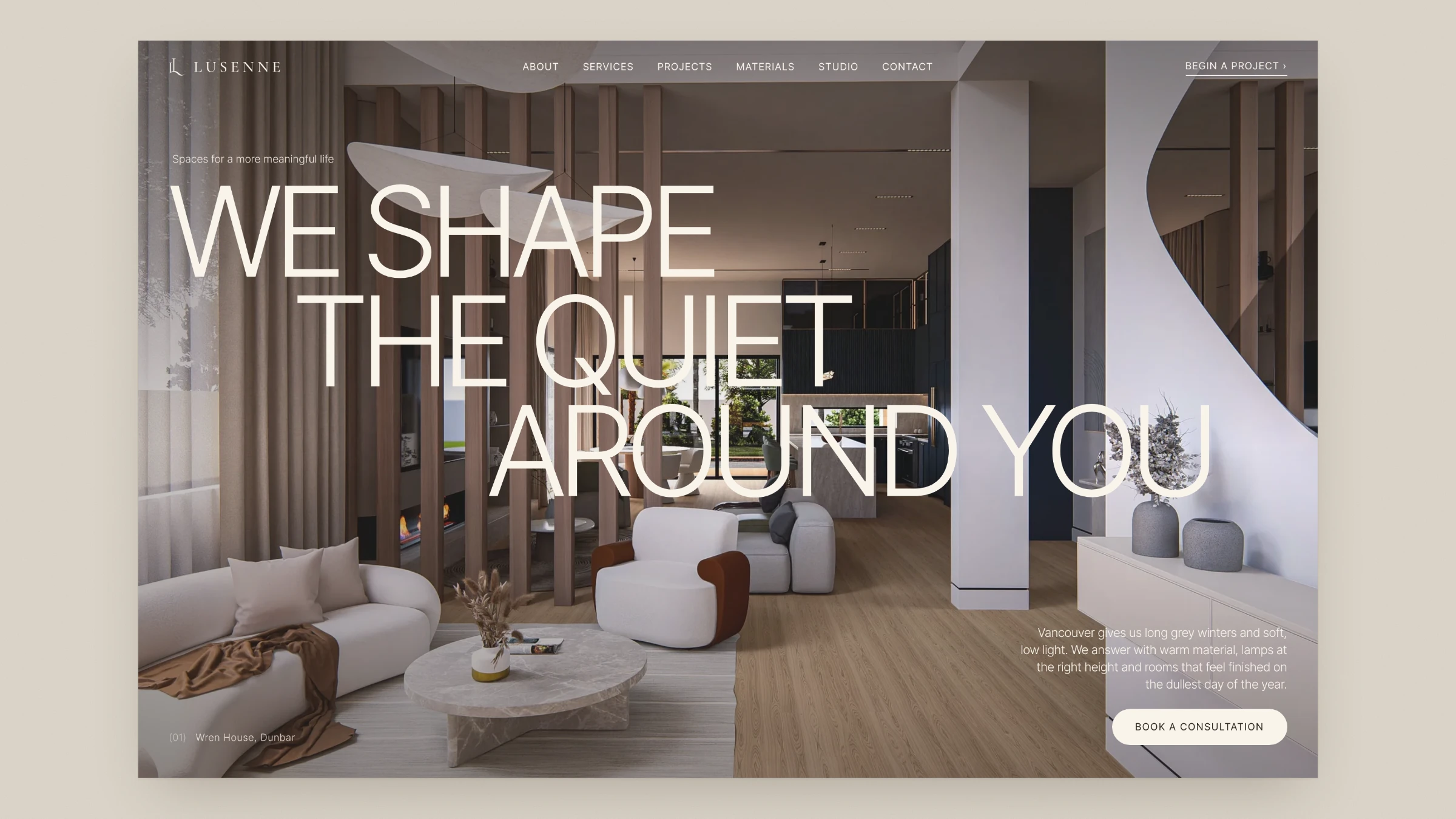 Website hero: “We shape the quiet around you” over a calm living room