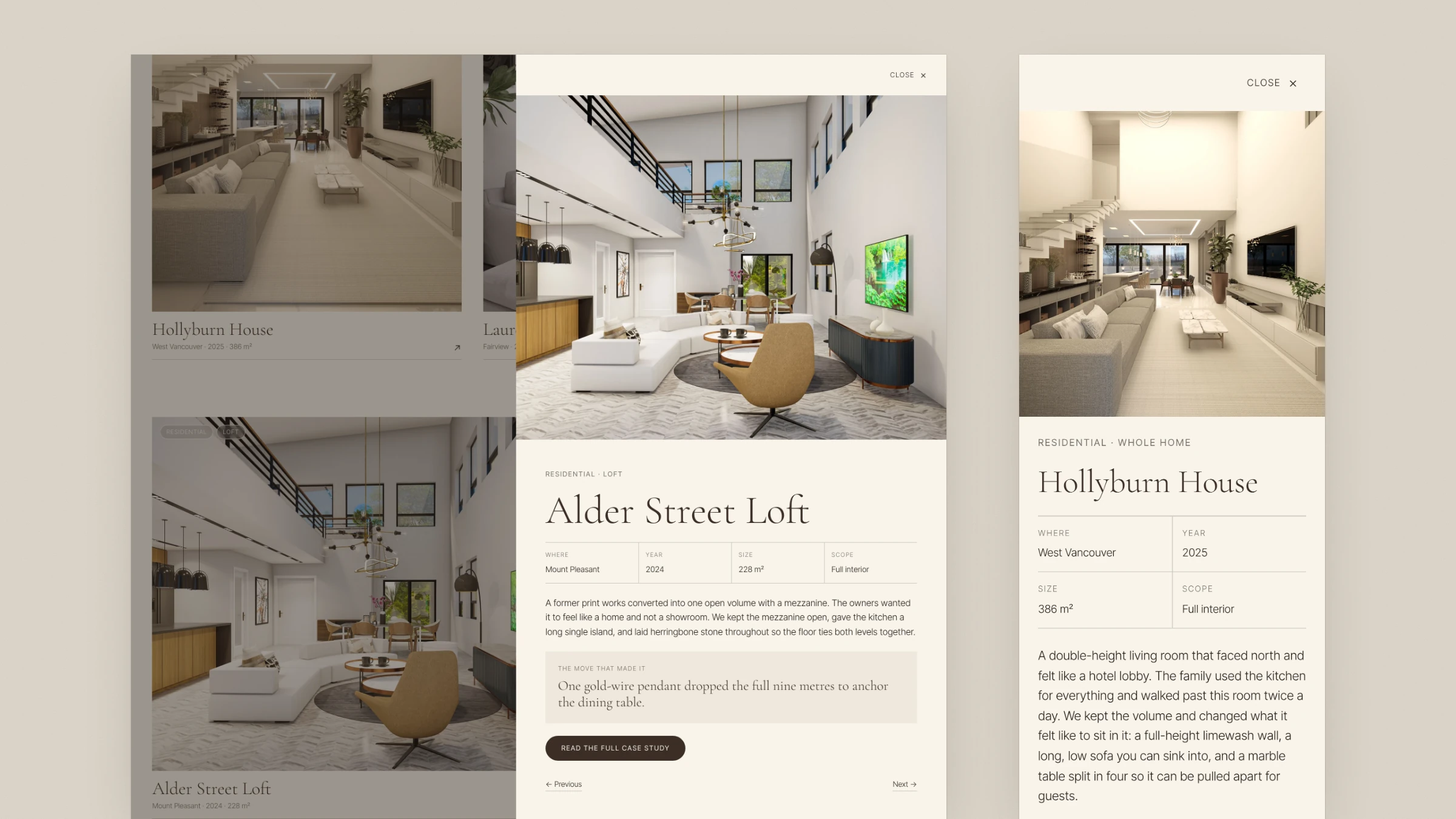A project detail panel for Alder Street Loft, on desktop and mobile