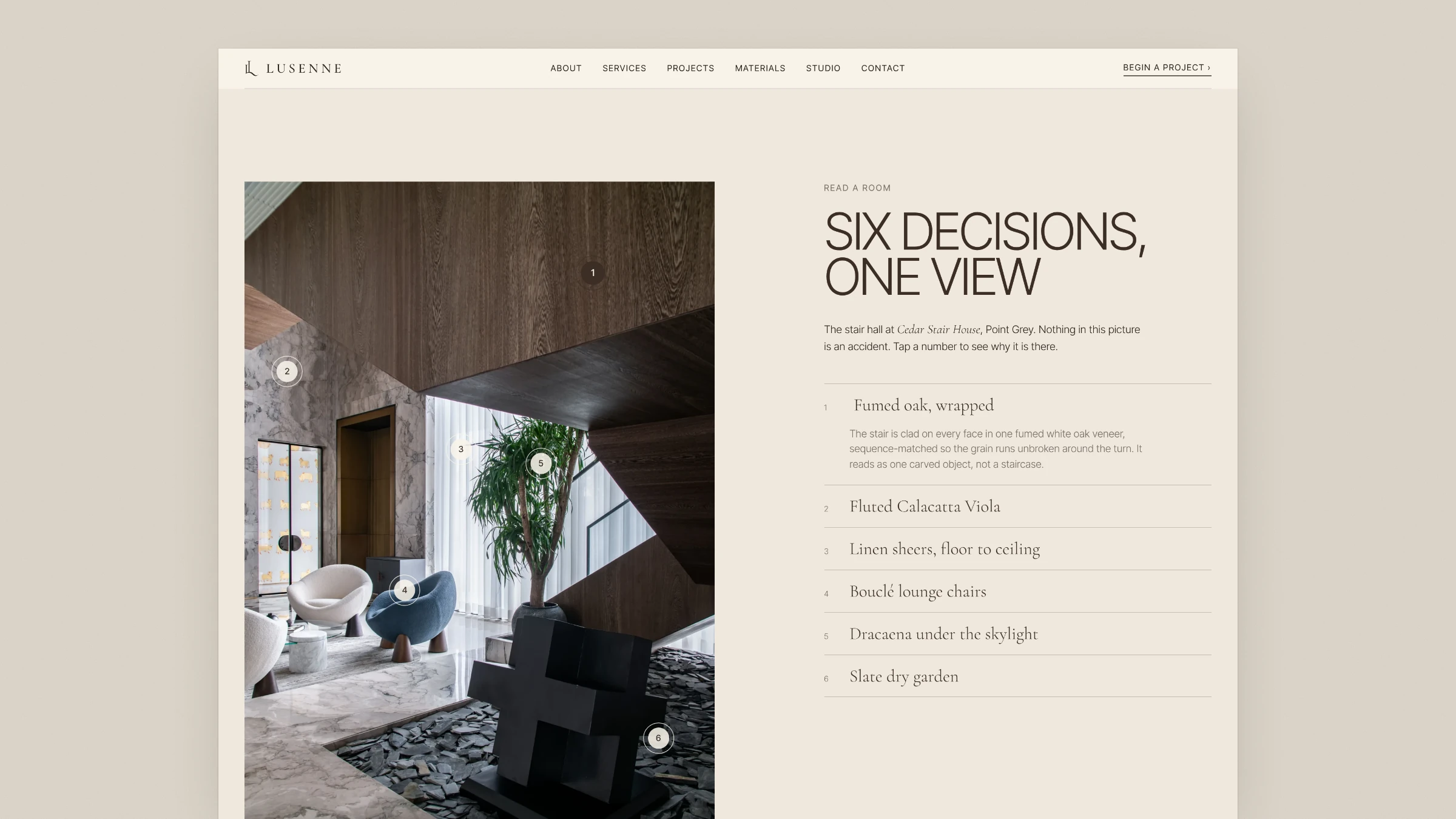 An interactive “Six decisions, one view” section with numbered hotspots on a room photo