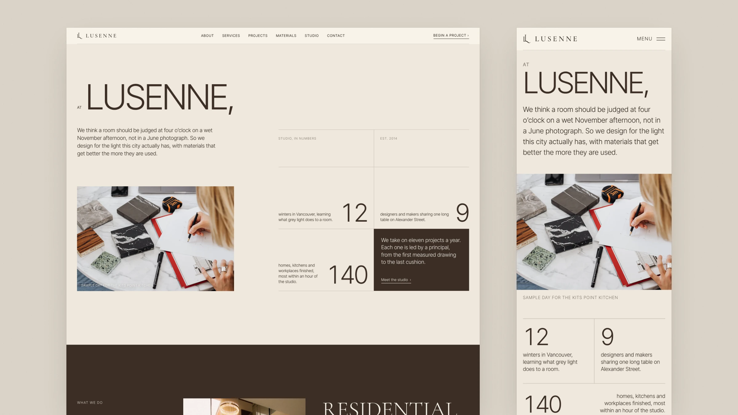 The about page with the studio in numbers, on desktop and mobile
