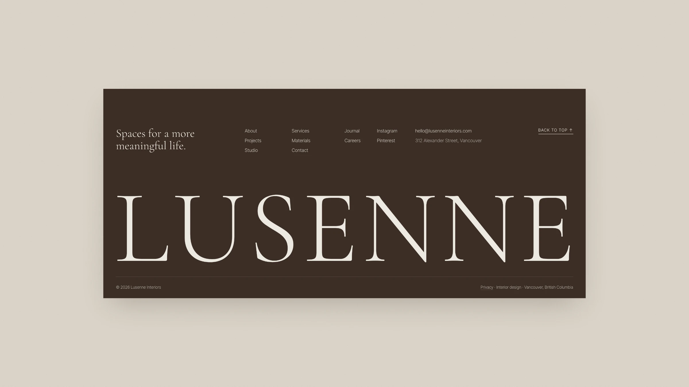 Footer with the large LUSENNE wordmark
